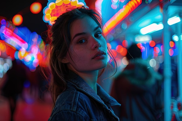 Une femme debout devant un carrousel la nuit