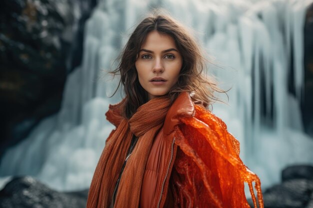 une femme debout devant une cascade