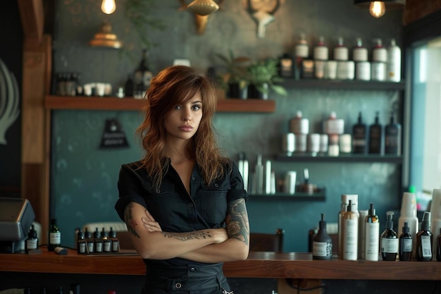 une femme debout devant un comptoir dans un bar