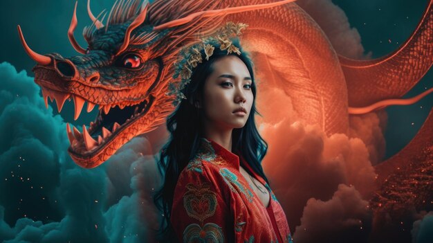 Une femme debout devant un dragon Image générée par l'IA