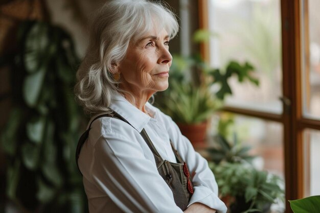 une femme debout devant une fenêtre à côté d'une plante en pot