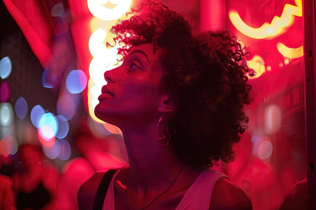 Une femme debout devant un feu rouge