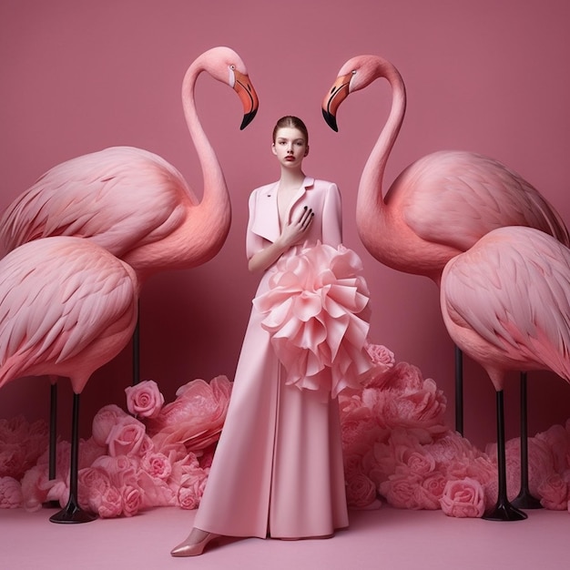 Une femme debout devant des flamants roses avec un fond rose.