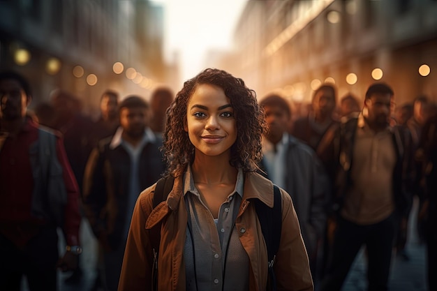 Une femme debout devant une foule de gens