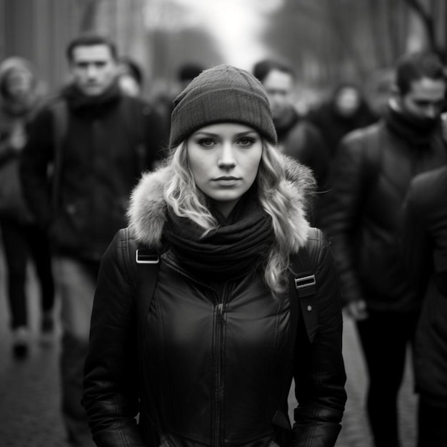 une femme debout devant une foule de gens