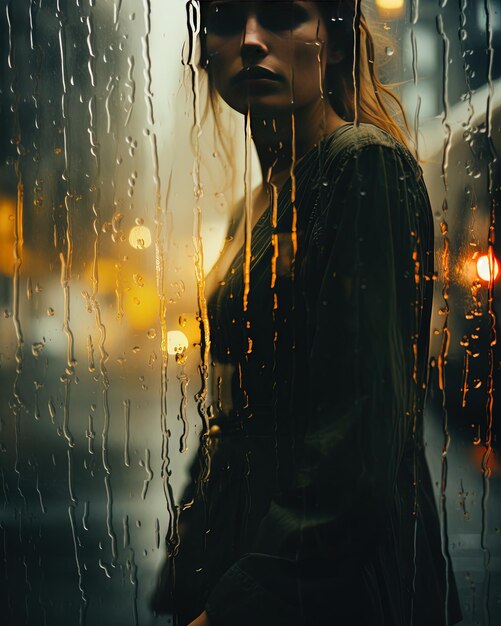 une femme debout devant des gouttes de pluie sur une fenêtre