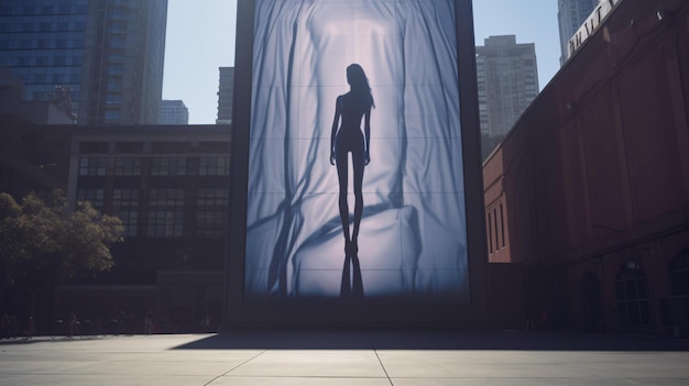 Une femme debout devant un grand panneau publicitaire