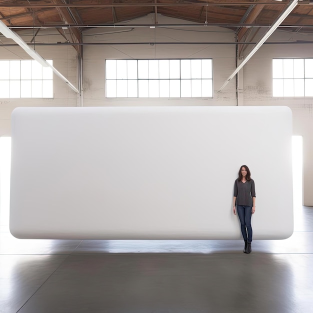 Femme debout devant une grande affiche blanche vierge dans un entrepôt