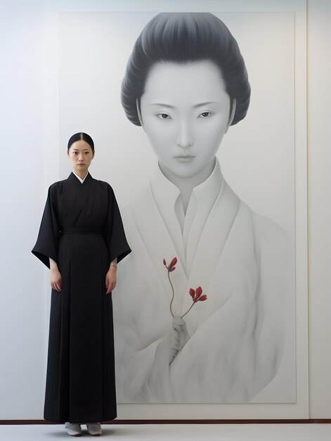 Une femme debout devant une image d'une geisha IA générative