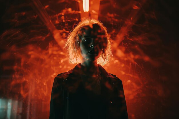 Photo une femme debout devant une lumière rouge