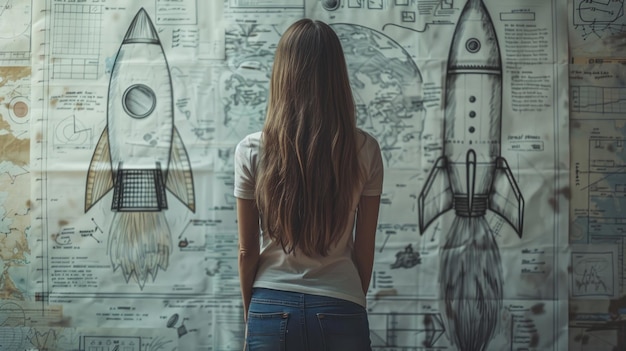 Femme debout devant le mur avec des dessins