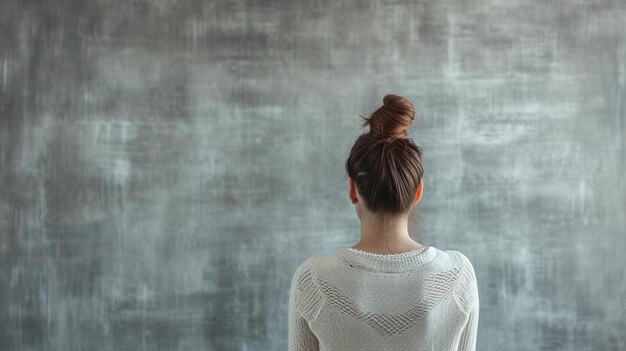 une femme debout devant un mur gris