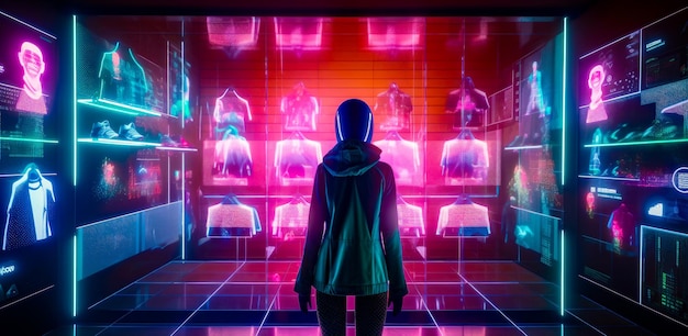 Femme debout devant un mur de néons dans la chambre Generative AI