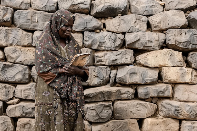 une femme debout devant un mur de pierre africain