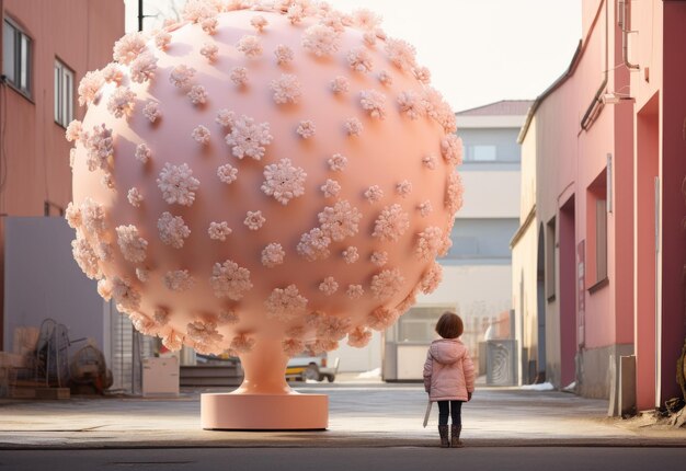 Femme debout devant un objet rose géant