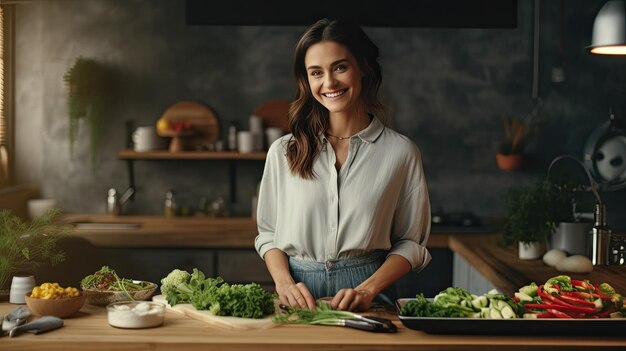 Femme debout devant une planche à couper avec des légumes Journée mondiale de la santé