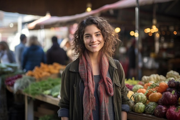 une femme debout devant un stand de fruits avec un sourire sur son visage