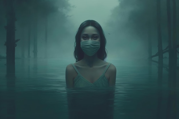 Femme debout sur l'eau avec un masque