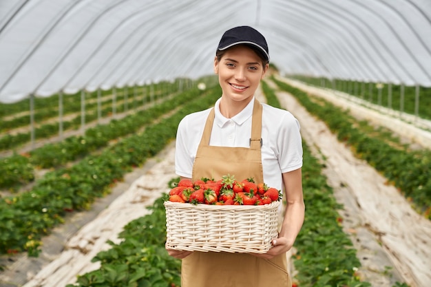 Femme debout à effet de serre avec panier de fraises