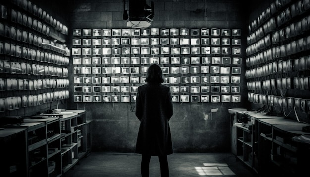 Photo une femme debout à l'intérieur de la bibliothèque tenant des archives d'étagères à l'ancienne générées par l'intelligence artificielle