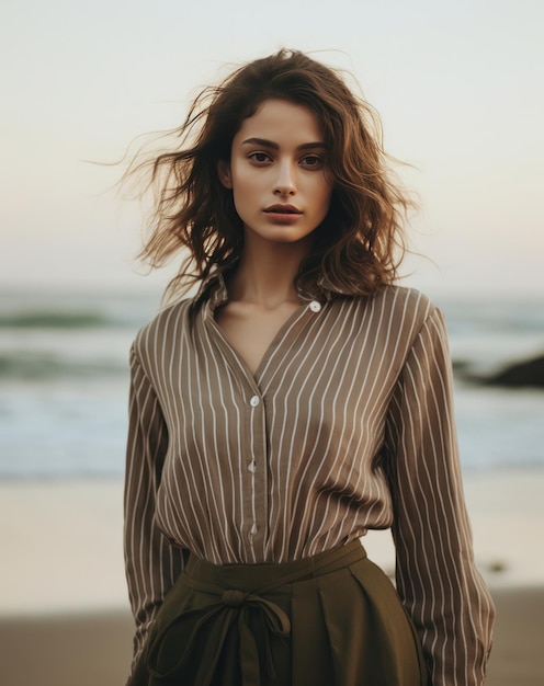 une femme debout sur une plage dans une chemise rayée