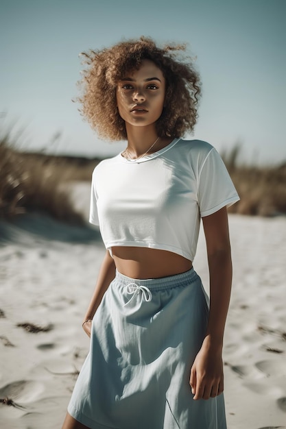 Une femme debout sur une plage portant un haut blanc et une jupe bleue