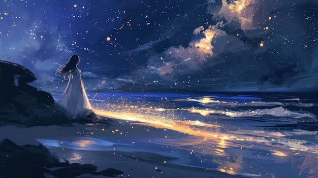 Une femme debout sur une plage sous un ciel nocturne