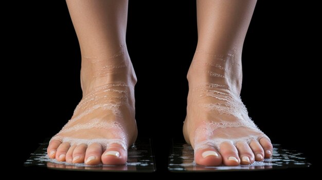 une femme debout sur une plate-forme avec une paire de pieds nus