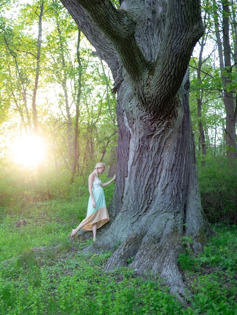 Une femme debout près du tronc d'un arbre dans la forêt