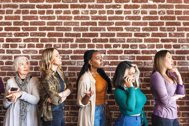 Femme debout près d'un mur de briques