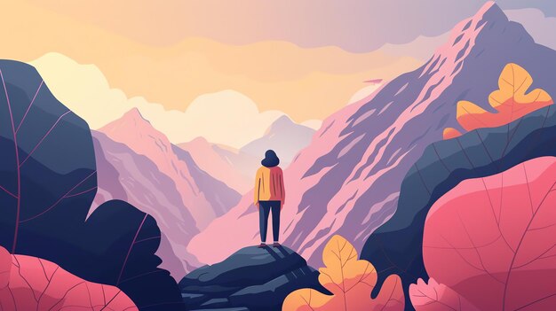 Une femme debout sur un rocher dans les montagnes regardant la vue le ciel est un gradient d'orange et rose et les montagnes sont violettes