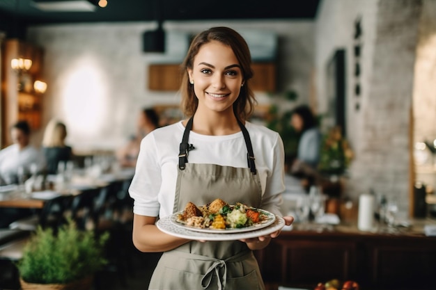 Femme debout serveur de repas tenant un restaurant de nourriture portrait sourire à l'intérieur IA générative