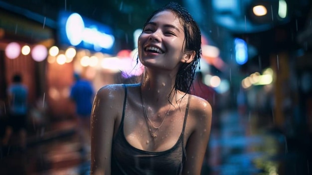 Une femme debout sous la pluie à Bangkok