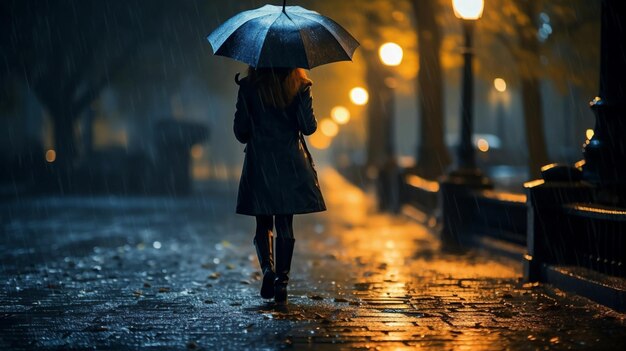 Une femme debout sous la pluie parmi des gens tenant des parapluies traverse la rue à l'arrière-plan flou