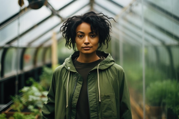 Femme debout en veste verte en serre