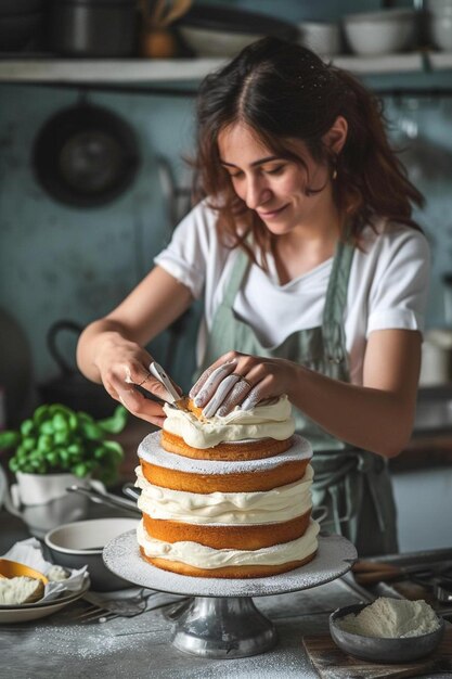 Photo une femme décore un gâteau sur une table