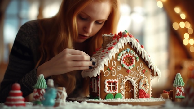 Une femme décore une maison de pain d'épice avec une IA générative de bonbons