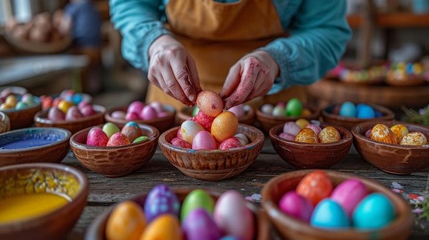 Photo une femme décore de petits bols d'œufs colorés