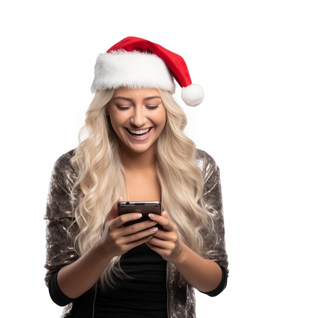 Une femme déguisée en Père Noël utilisant un téléphone portable