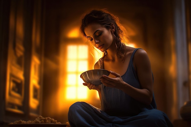 Une femme dégustant un bol de nourriture dans une pièce faiblement éclairée