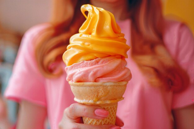 Une femme dégustant de la crème glacée en été AI générative