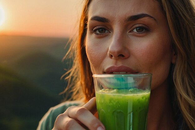 Une femme dégustant un jus de désintoxication au lever du soleil.