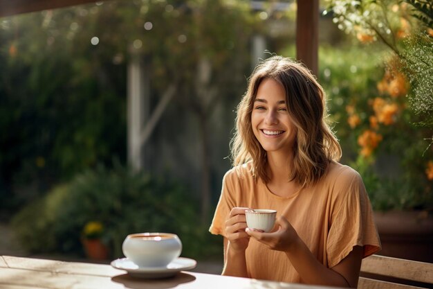 femme dégustant une tasse de thé dans la cour arrière