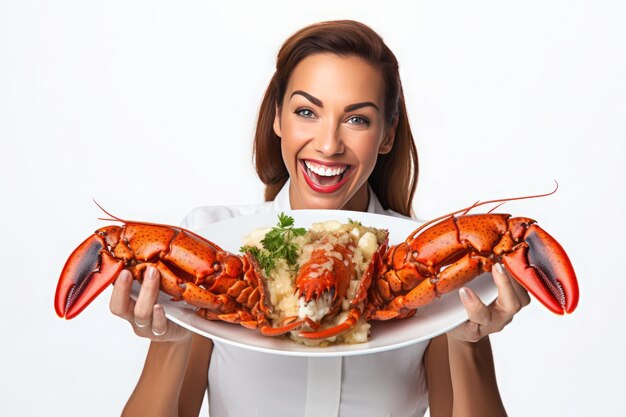 Une femme délicieuse présente un homard parfaitement garni