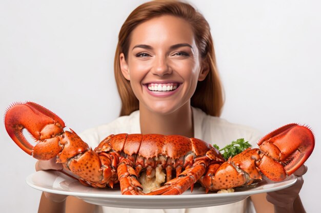 Une femme délicieuse présente un homard parfaitement garni