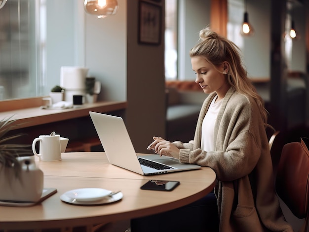 Femme démarrant une entreprise en ligne, jeune femme européenne travaillant avec son ordinateur portable dans un bureau moderne