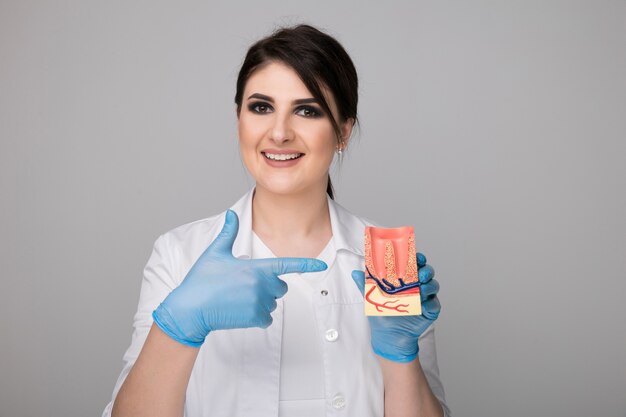 Femme dentiste avec gencive modèle isolée sur fond gris.