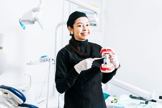 Femme dentiste souriante montrant un dentier Dentiste expliquant le brossage des dents Femme dentiste montrant un dentier et une brosse