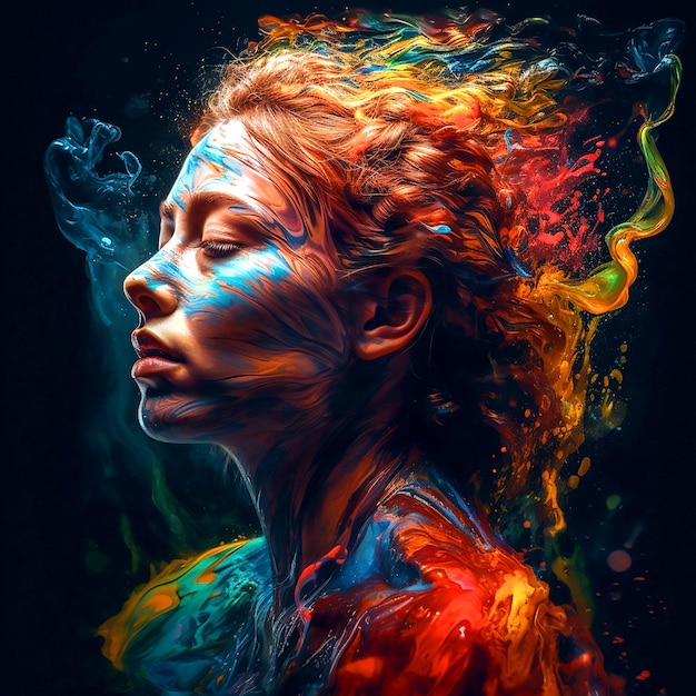Une femme dépeignant une peinture colorée abstraite d'art
