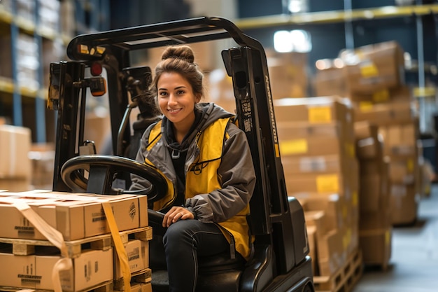 Une femme déplaçant une palette avec un chariot élévateur dans un entrepôt Une femme entraînant un chariots élévateurs dans une grande usine